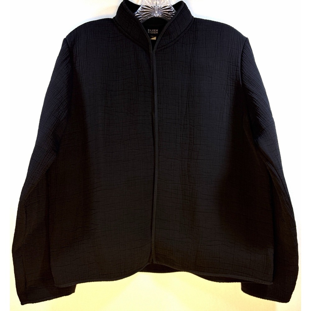 Eileen Fisher Black Silk Blend Crinkle Sponge Jacket Small Mandarin Stand Collar - Picture 6 of 6